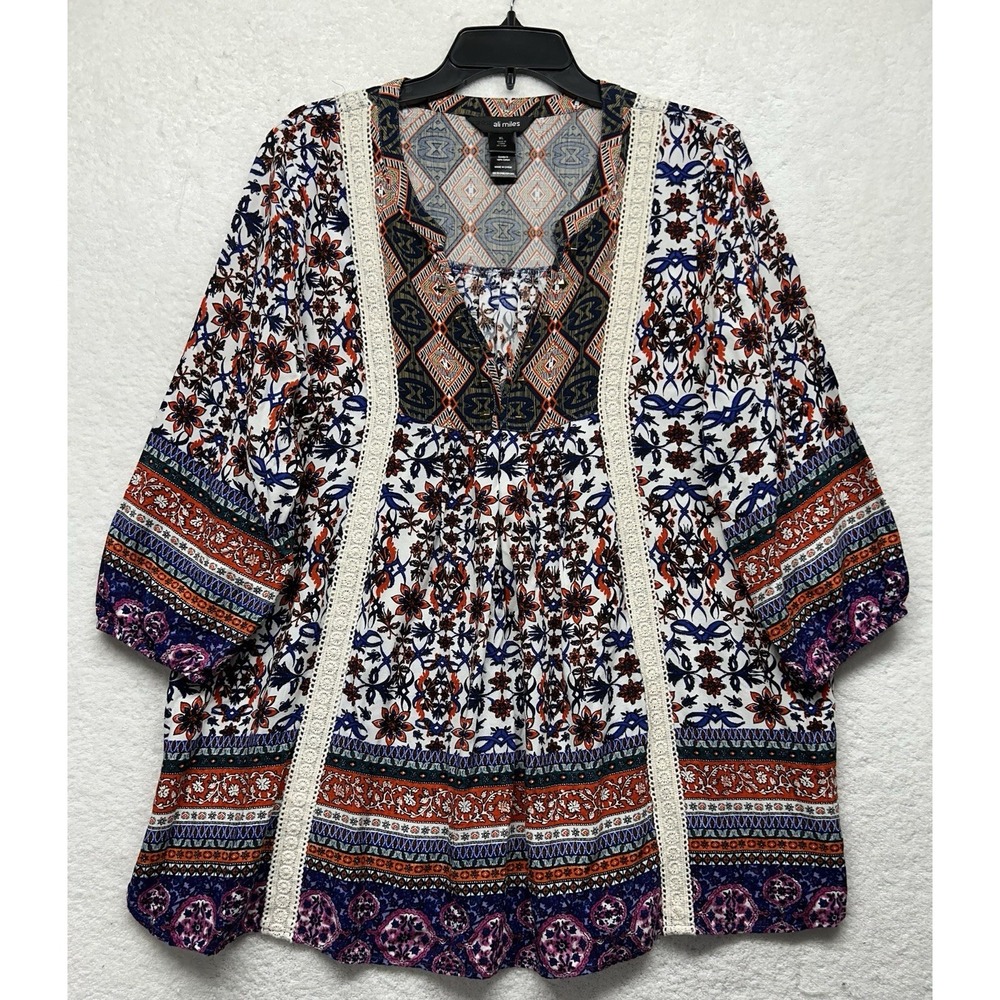 Ali Miles Womens Size XL White Floral V Neck 3/4 Sleeve Boho Blouse Top (U6)
